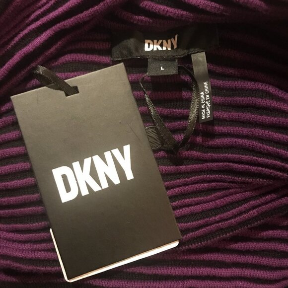 NWT DKNY Purple Striped Cowl Neck Sweater Ribbed Knit Flare Sleeve Crop Top L - Picture 4 of 6